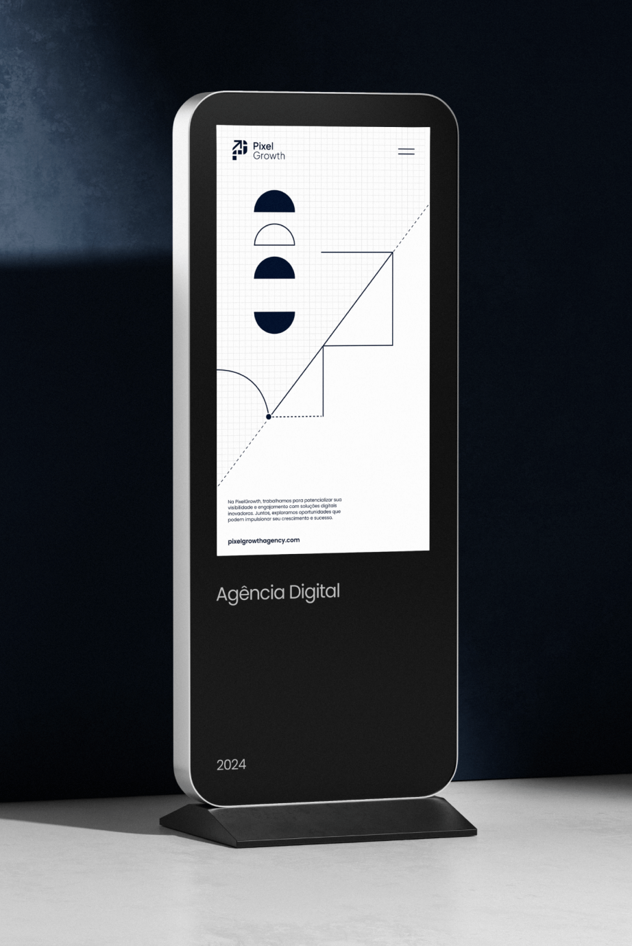 Display digital mostrando o design geométrico da Pixel Growth