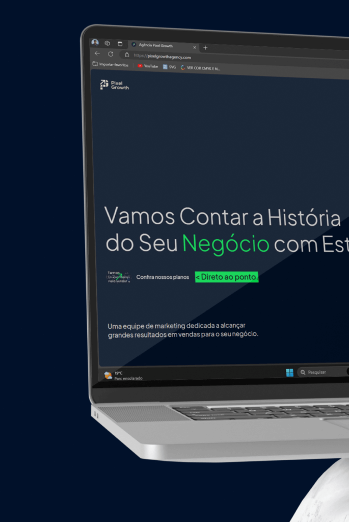 Tela de laptop mostrando o site da Pixel Growth